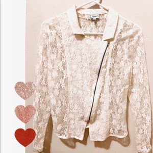 Long Sleeve Zipper Front Floral Lace Sheer Jacket